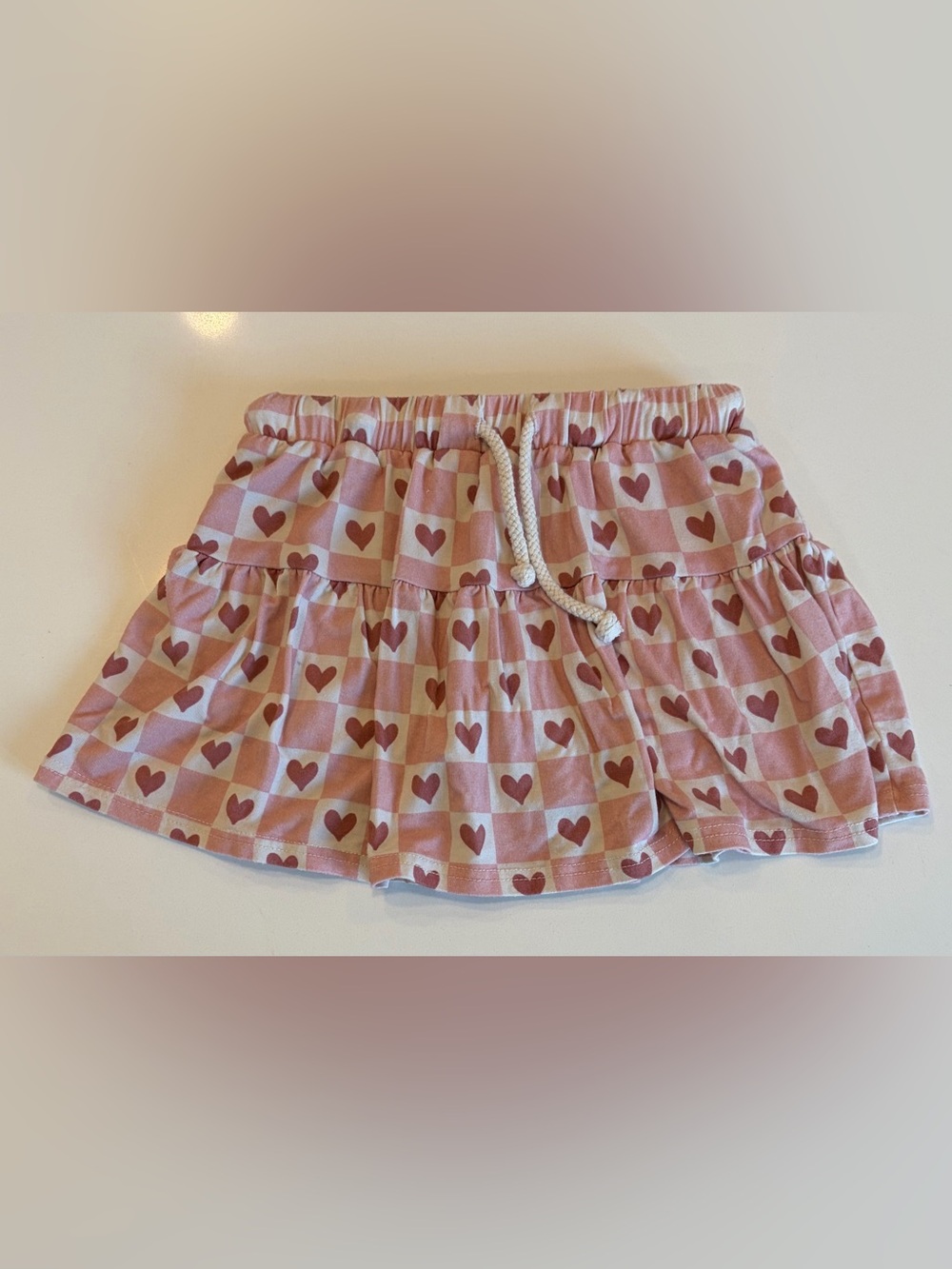 Girls' Pink Heart-Print Tiered Skort with Drawstring Waist